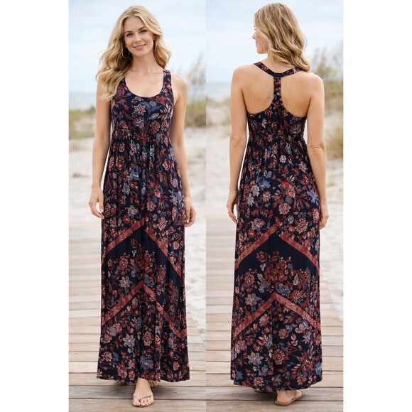 Soma Dresses & Skirts - Soma Black Floral Jersey Knit Racerback Empire Waist Maxi Dress Small Stretch